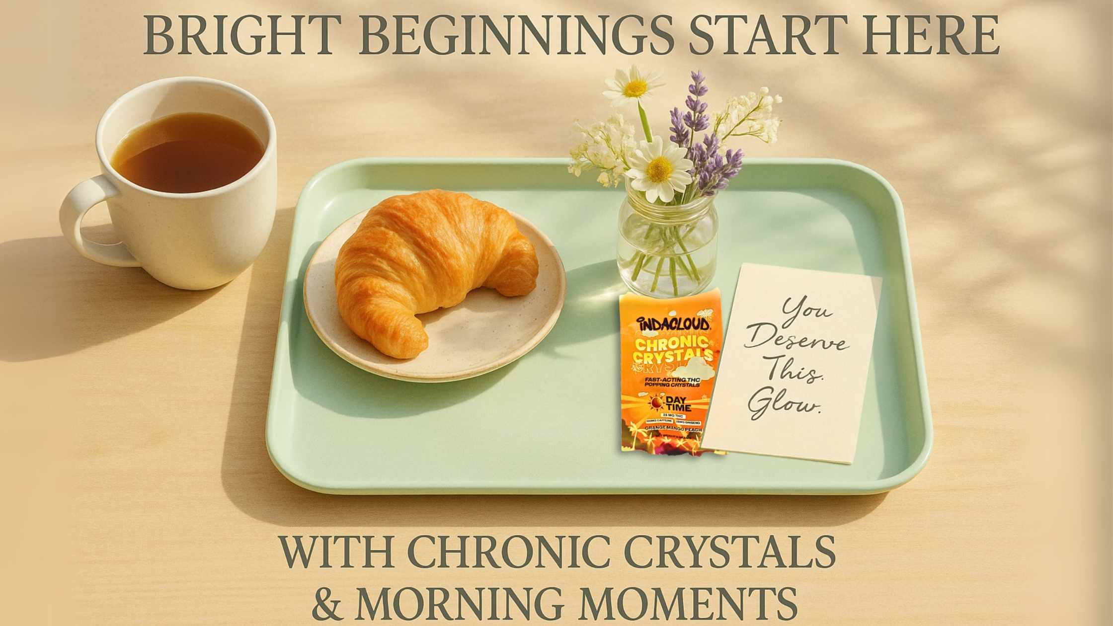 Breakfast tray with croissant, tea, flowers, and Chronic Crystals packet.